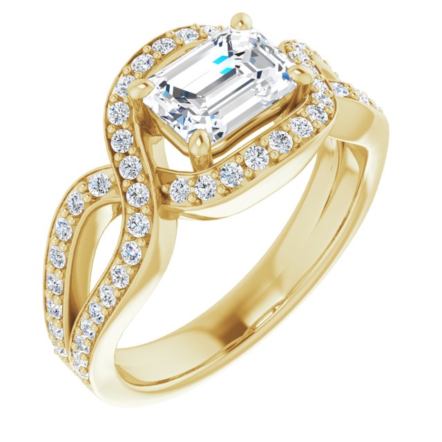 10K Yellow Gold Customizable Emerald/Radiant Cut Center with Infinity-inspired Split Shared Prong Band and Bypass Halo