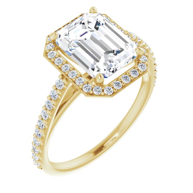 10K Yellow Gold Customizable Emerald/Radiant Cut Design with Halo and Thin Pavé Band