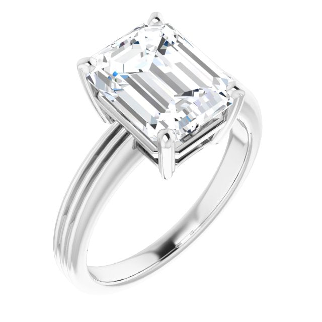 10K White Gold Customizable Emerald/Radiant Cut Solitaire with Double-Grooved Band