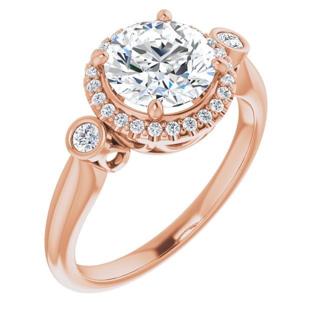 10K Rose Gold Customizable Round Cut Style with Halo and Twin Round Bezel Accents