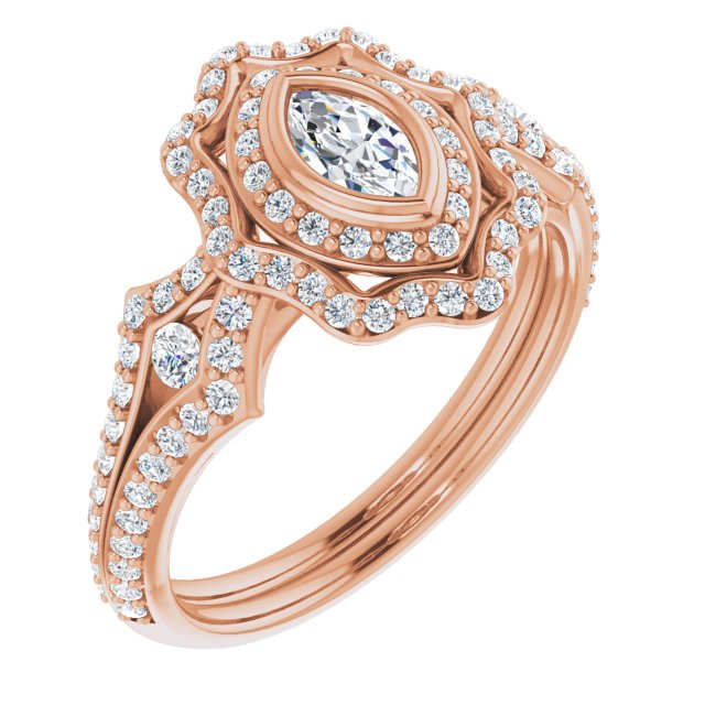 10K Rose Gold Customizable Marquise Cut Style with Ultra-wide Pavé Split-Band and Nature-Inspired Double Halo