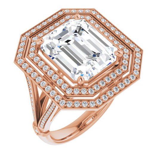 10K Rose Gold Customizable Cathedral-set Emerald/Radiant Cut Design with Double Halo, Wide Split-Shared Prong Band and Side Knuckle Accents