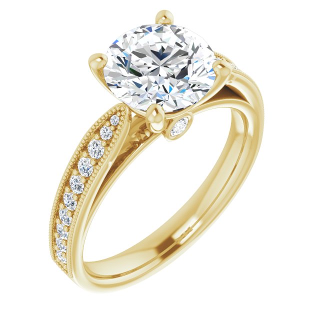18K Yellow Gold Customizable Round Cut Style featuring Milgrained Shared Prong Band & Dual Peekaboos