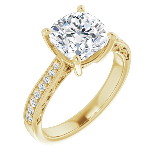 10K Yellow Gold Customizable Cushion Cut Design with Round Band Accents and Three-sided Filigree Engraving