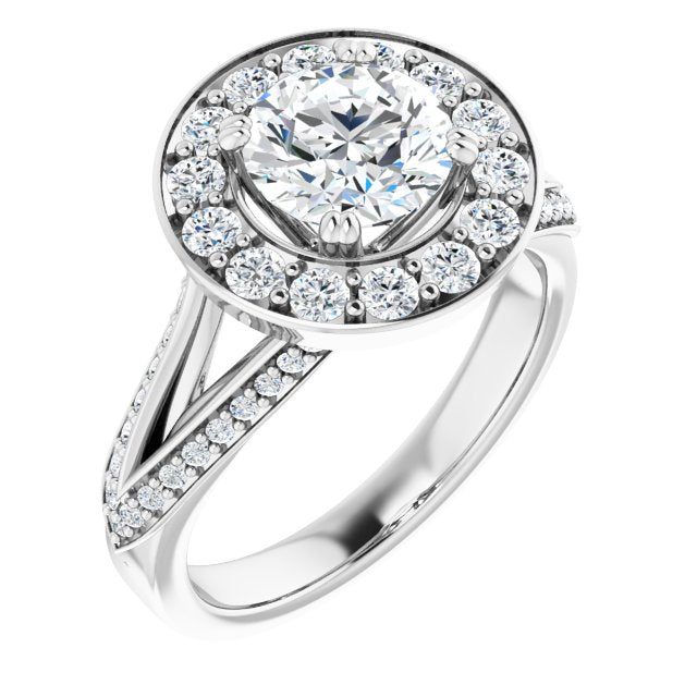 10K White Gold Customizable Round Cut Center with Large-Accented Halo and Split Shared Prong Band