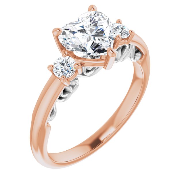14K Rose & White Gold Customizable Heart Cut 3-stone Style featuring Heart-Motif Band Enhancement