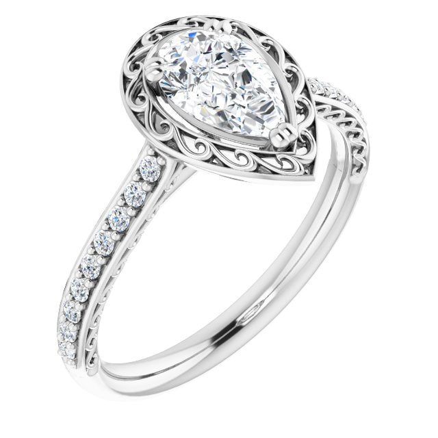 10K White Gold Customizable Pear Cut Halo Design with Filigree and Accented Band
