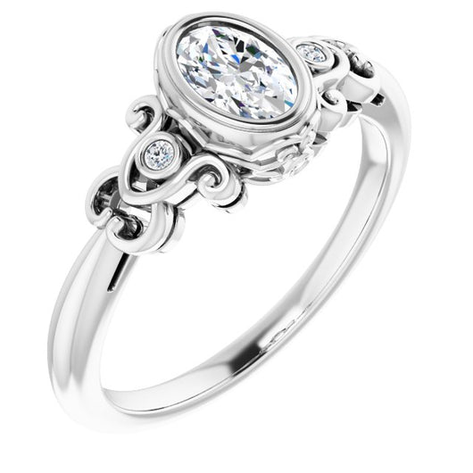 10K White Gold Customizable 5-stone Design with Oval Cut Center and Quad Round-Bezel Accents