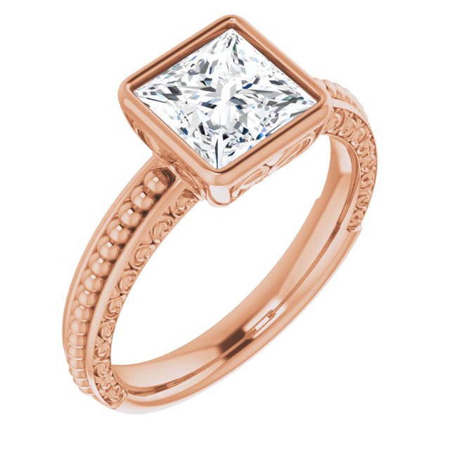 10K Rose Gold Customizable Bezel-set Princess/Square Cut Solitaire with Beaded and Carved Three-sided Band