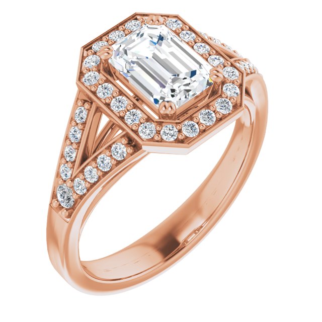 10K Rose Gold Customizable Cathedral-set Emerald/Radiant Cut Style with Accented Split Band and Halo