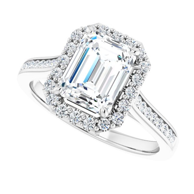 Cubic Zirconia Engagement Ring- The Star (Customizable Emerald Cut Design with Halo, Round Channel Band and Floating Peekaboo Accents)