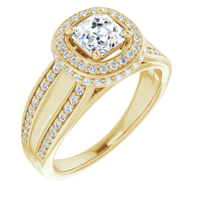 10K Yellow Gold Customizable Halo-style Asscher Cut with Under-halo & Ultra-wide Band