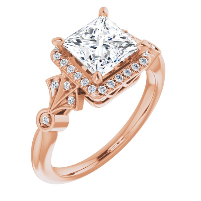 10K Rose Gold Customizable Cathedral-Crown Princess/Square Cut Design with Halo and Scalloped Side Stones