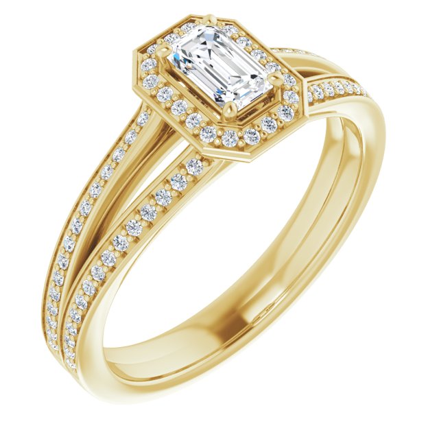 10K Yellow Gold Customizable Emerald/Radiant Cut Design with Split-Band Shared Prong & Halo
