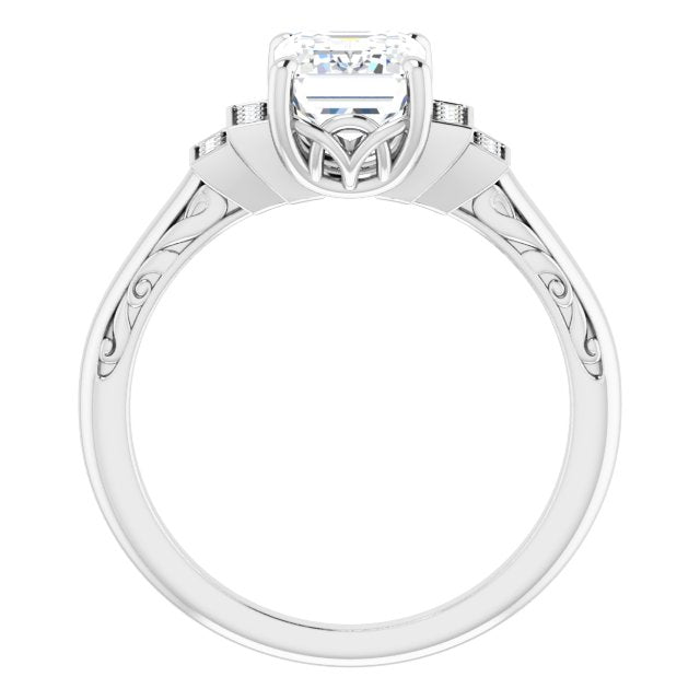 Cubic Zirconia Engagement Ring- The Brynhild (Customizable Engraved Design with Emerald Cut Center and Perpendicular Band Accents)