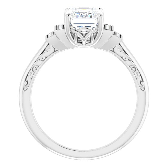 Cubic Zirconia Engagement Ring- The Brynhild (Customizable Engraved Design with Radiant Cut Center and Perpendicular Band Accents)