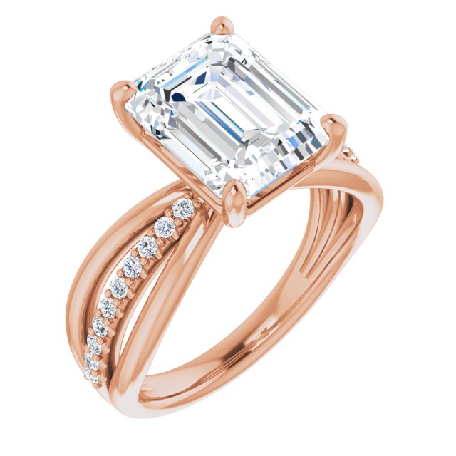 10K Rose Gold Customizable Emerald/Radiant Cut Design with Tri-Split Accented Band