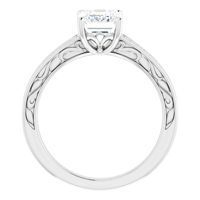 Cubic Zirconia Engagement Ring- The Shariya (Customizable Emerald Cut Solitaire with Organic Textured Band and Decorative Prong Basket)
