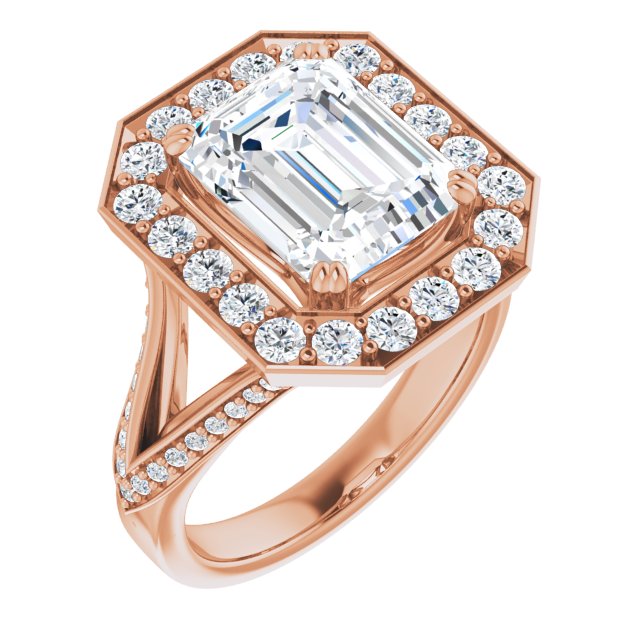 10K Rose Gold Customizable Emerald/Radiant Cut Center with Large-Accented Halo and Split Shared Prong Band