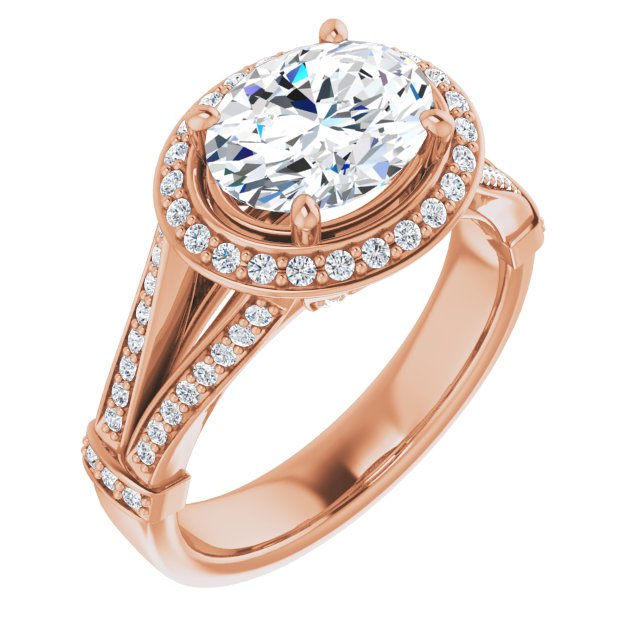 10K Rose Gold Customizable Oval Cut Setting with Halo, Under-Halo Trellis Accents and Accented Split Band