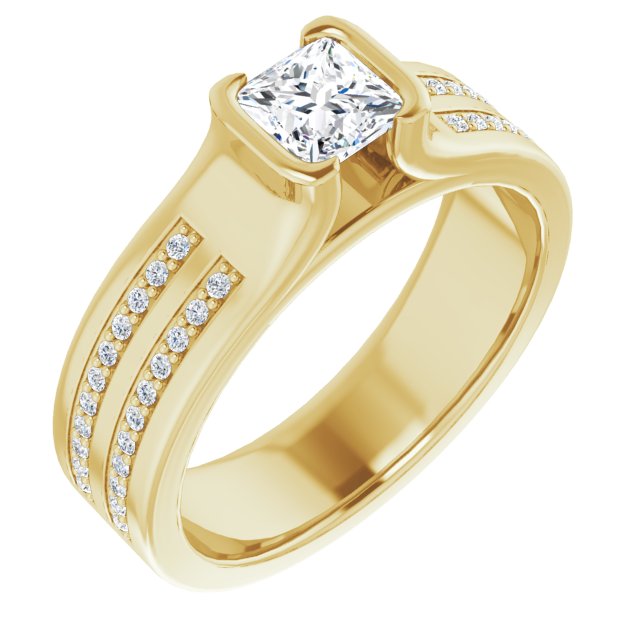 10K Yellow Gold Customizable Bezel-set Princess/Square Cut Design with Thick Band featuring Double-Row Shared Prong Accents