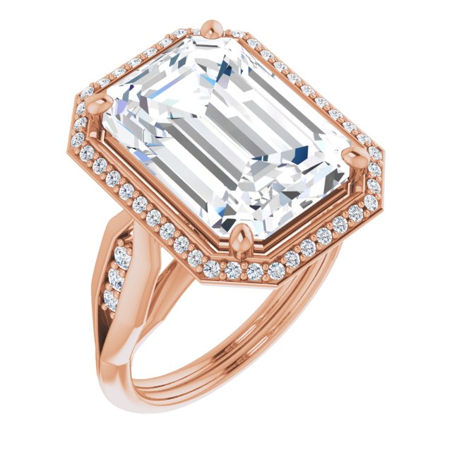 10K Rose Gold Customizable Cathedral-raised Emerald/Radiant Cut Design with Halo and Tri-Cluster Band Accents