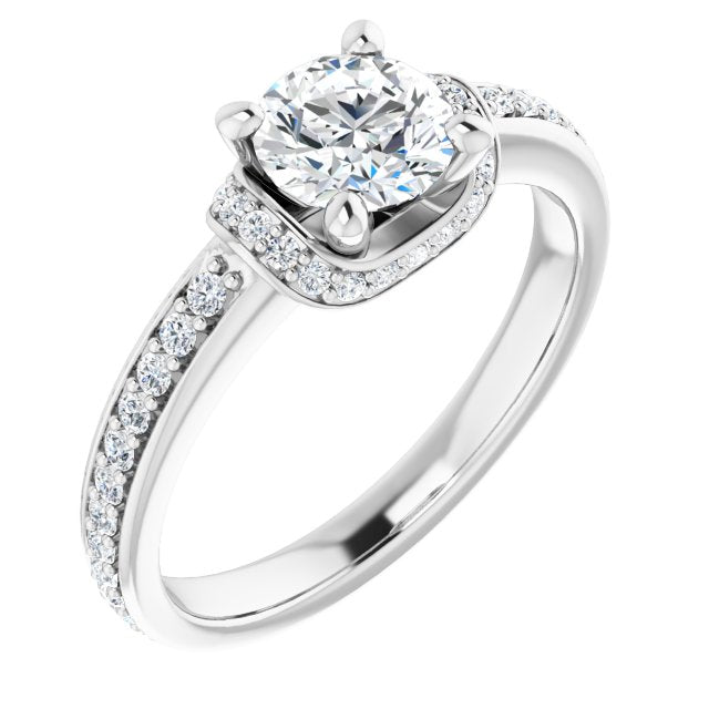 10K White Gold Customizable Round Cut Setting with Organic Under-halo & Shared Prong Band