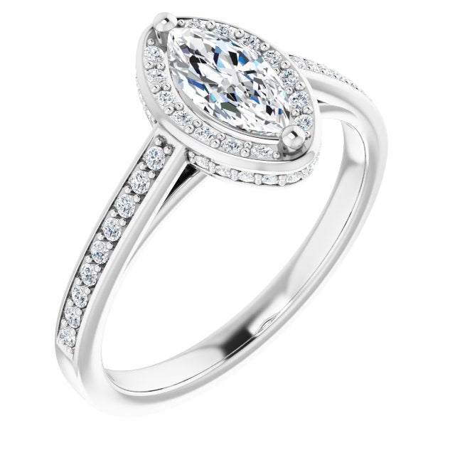 10K White Gold Customizable Cathedral-Halo Marquise Cut Design with Under-halo & Shared Prong Band