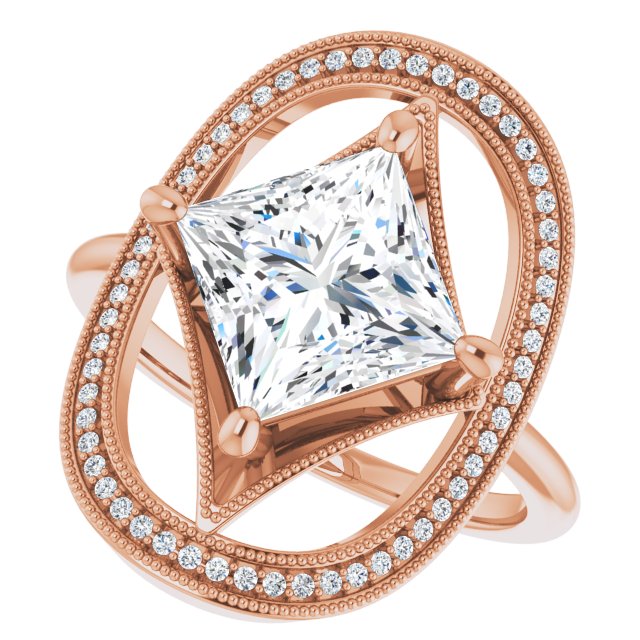 Cubic Zirconia Engagement Ring- The Mireya (Customizable Kite-Rhombus Princess/Square Cut Design with Beaded Milgrain & Halo Accents)