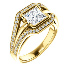 Cubic Zirconia Engagement Ring- The Magdalena Oha (Customizable Bezel-set Princess Cut Style with Wide Tri-split Pavé Band)