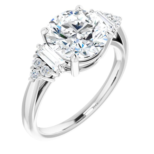 14K White Gold Customizable 9-stone Design with Round Cut Center, Side Baguettes and Tri-Cluster Round Accents