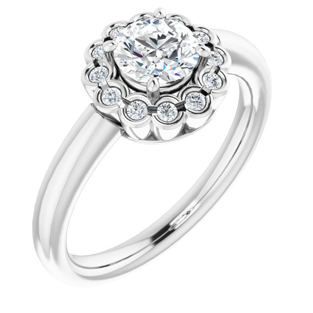 10K White Gold Customizable 13-stone Round Cut Design with Floral-Halo Round Bezel Accents