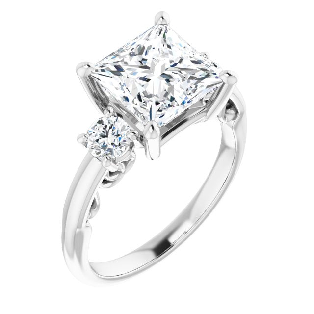 10K White Gold Customizable Princess/Square Cut 3-stone Style featuring Heart-Motif Band Enhancement