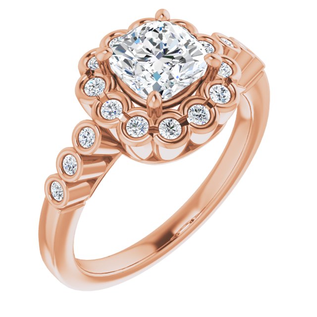 10K Rose Gold Customizable Cushion Cut Design with Round-bezel Halo and Band Accents