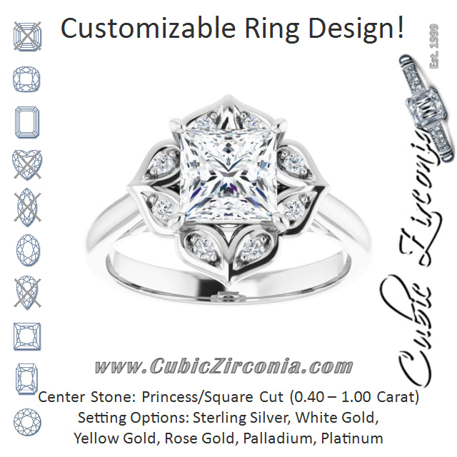 Cubic Zirconia Engagement Ring- The Neve (Customizable Cathedral-raised Princess/Square Cut Design with Star Halo & Round-Bezel Peekaboo Accents)