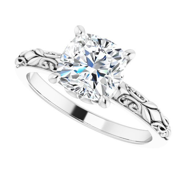 Cubic Zirconia Engagement Ring- The An Chen (Customizable Cushion Cut Solitaire featuring Delicate Metal Scrollwork)