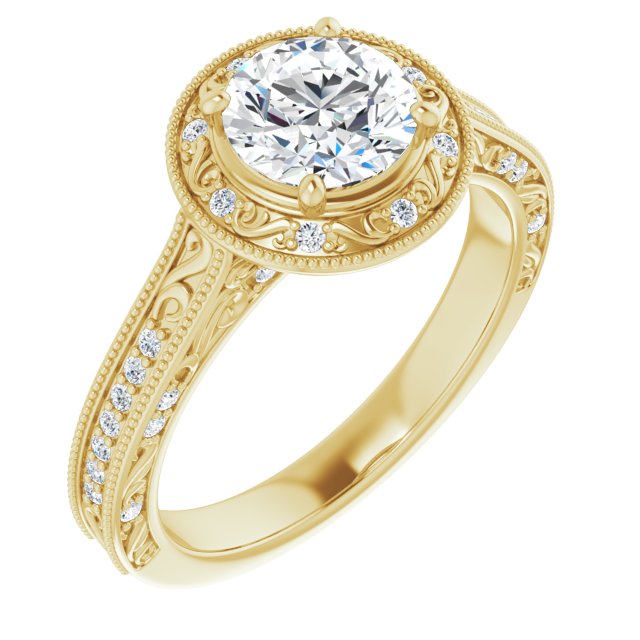 10K Yellow Gold Customizable Vintage Artisan Round Cut Design with 3-Sided Filigree and Side Inlay Accent Enhancements