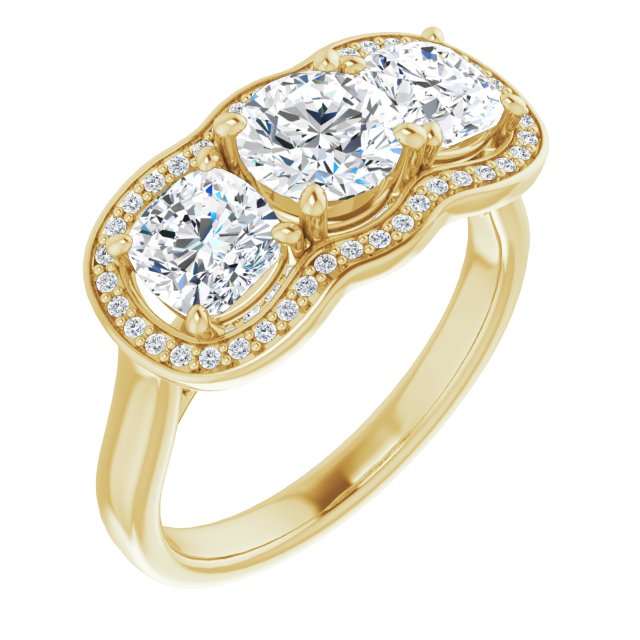 10K Yellow Gold Customizable 3-stone Design with Round Cut Center, Cushion Side Stones, Triple Halo and Bridge Under-halo