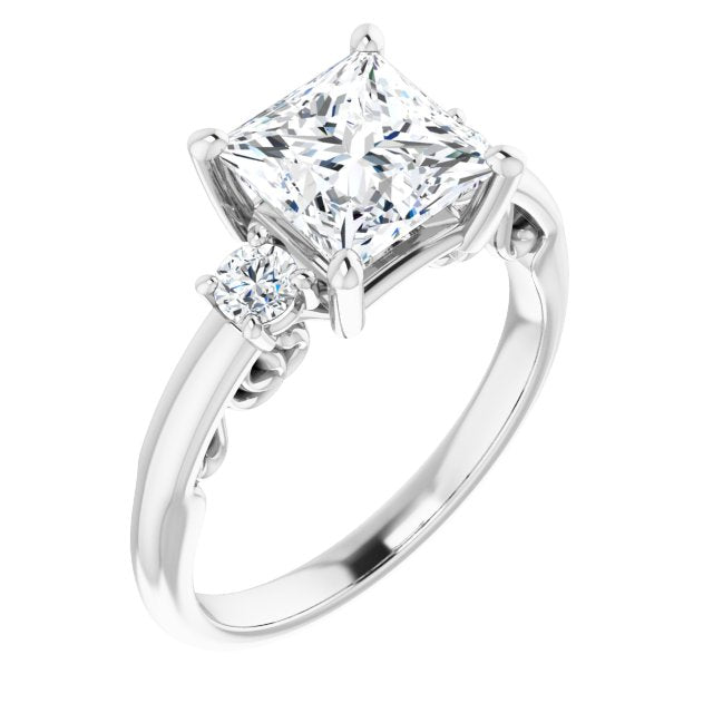 10K White Gold Customizable Princess/Square Cut 3-stone Style featuring Heart-Motif Band Enhancement