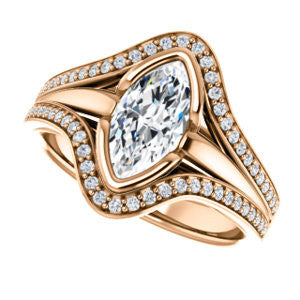 Cubic Zirconia Engagement Ring- The Magdalena Oha (Customizable Bezel-set Marquise Cut Style with Wide Tri-split Pavé Band)