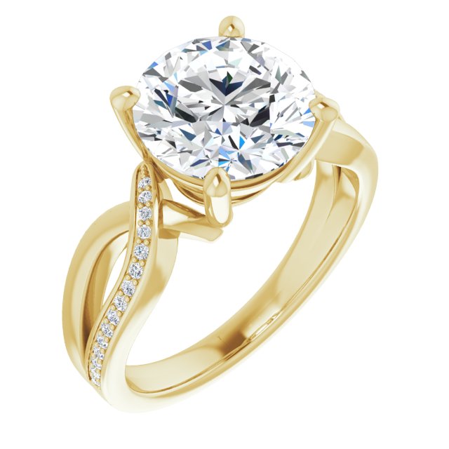 10K Yellow Gold Customizable Round Cut Center with Curving Split-Band featuring One Shared Prong Leg