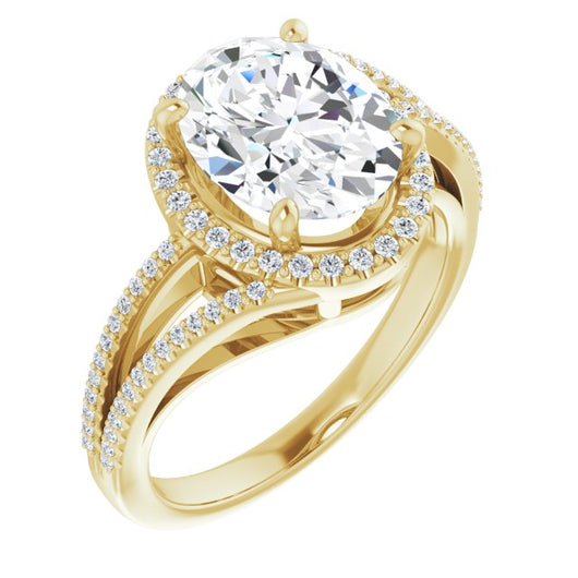 10K Yellow Gold Customizable Oval Cut Vintage Design with Halo Style and Asymmetrical Split-Pavé Band