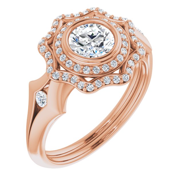 10K Rose Gold Customizable Cathedral-bezel Round Cut Design with Floral Double Halo and Channel-Accented Split Band