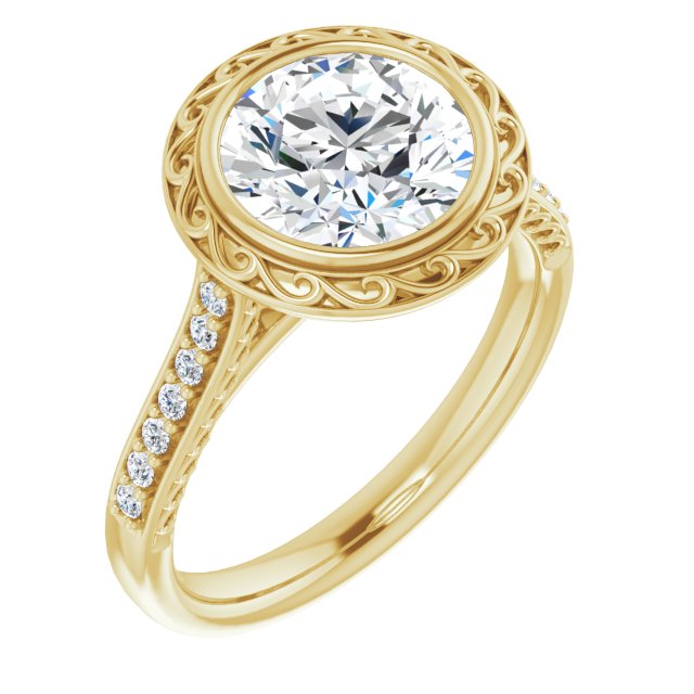 14K Yellow Gold Customizable Cathedral-Bezel Round Cut Design featuring Accented Band with Filigree Inlay