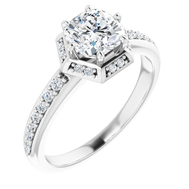 10K White Gold Customizable Cushion Cut Design with Geometric Under-Halo and Shared Prong Band