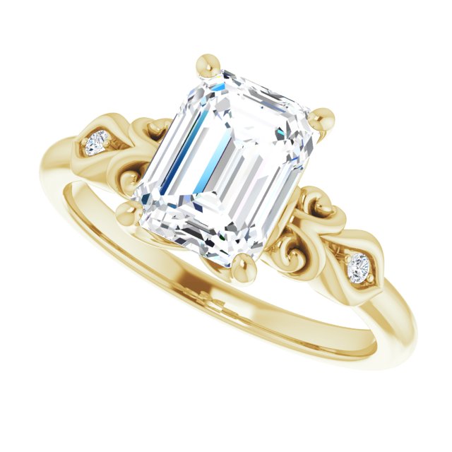 Cubic Zirconia Engagement Ring- The Natsumi (Customizable 3-stone Emerald Cut Design with Small Round Accents and Filigree)
