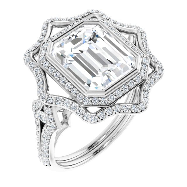 10K White Gold Customizable Emerald/Radiant Cut Style with Ultra-wide Pavé Split-Band and Nature-Inspired Double Halo