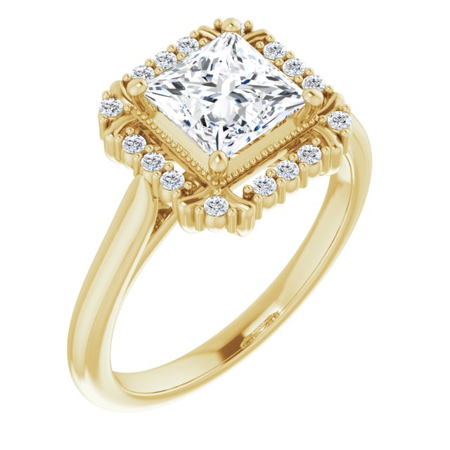 10K Yellow Gold Customizable Princess/Square Cut Design with Majestic Crown Halo and Raised Illusion Setting