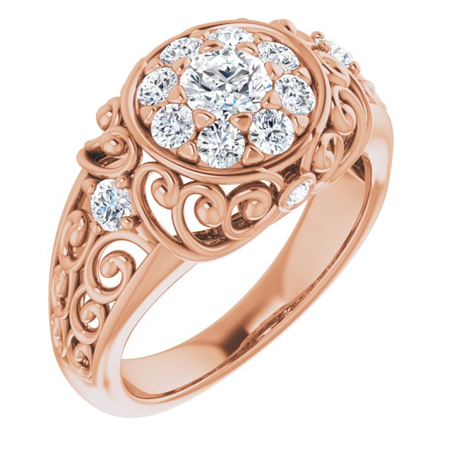 10K Rose Gold Customizable Round Cut Halo Style with Round Prong Side Stones and Intricate Metalwork