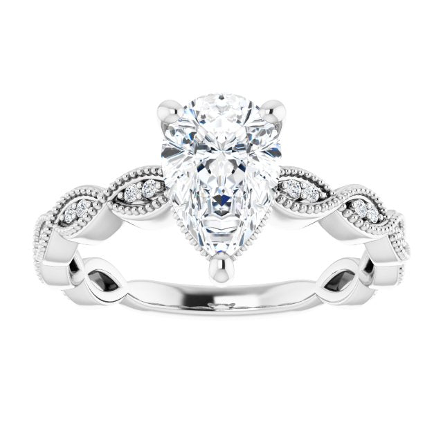 Cubic Zirconia Engagement Ring- The Shanice (Customizable Pear Cut Artisan Design with Scalloped, Round-Accented Band and Milgrain Detail)